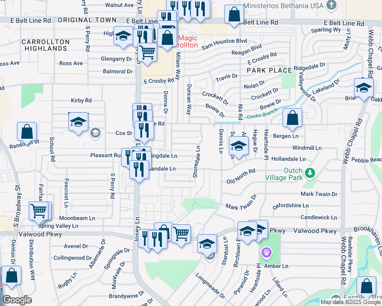 map of restaurants, bars, coffee shops, grocery stores, and more near 2775 Rollingdale Lane in Farmers Branch