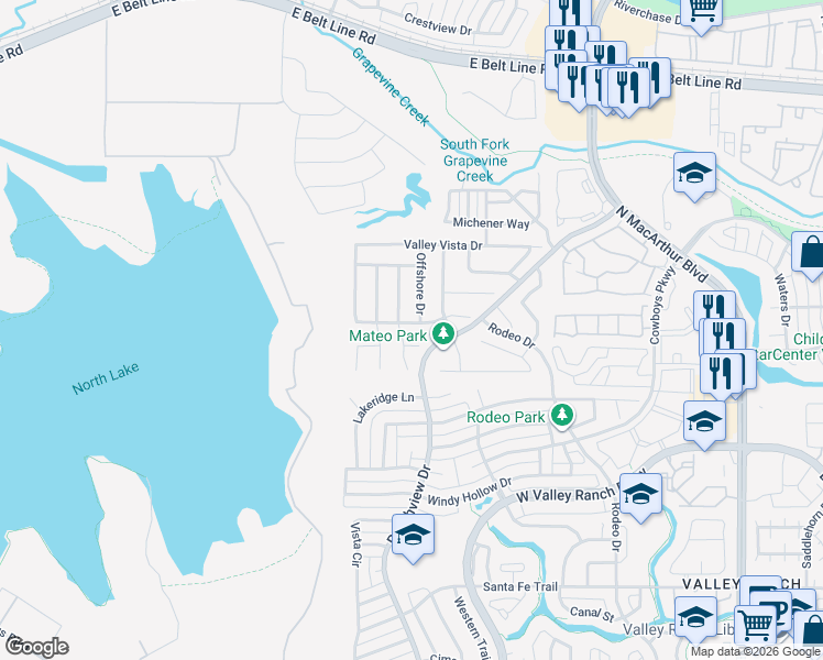 map of restaurants, bars, coffee shops, grocery stores, and more near 1220 Sandy Shore Road in Irving