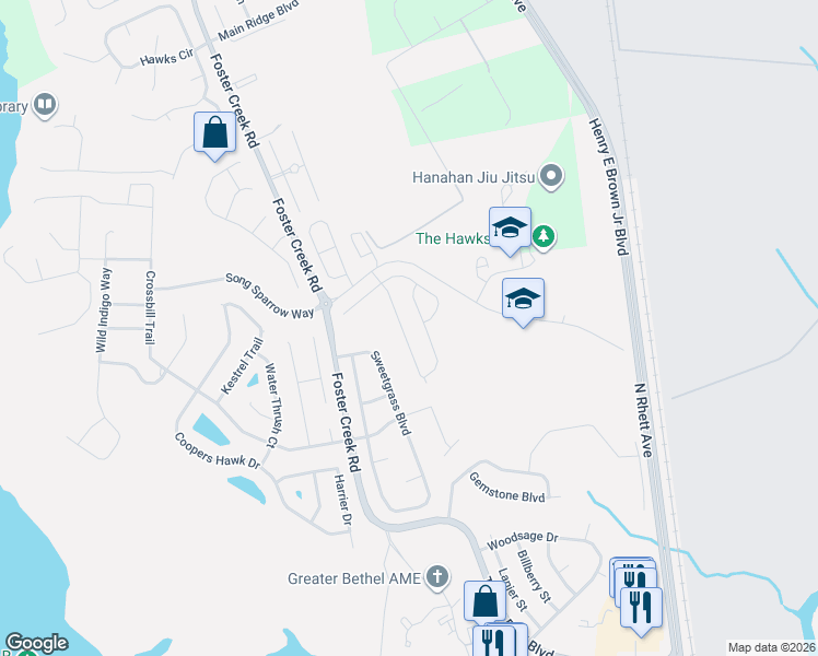map of restaurants, bars, coffee shops, grocery stores, and more near 1203 River Rock Road in Hanahan
