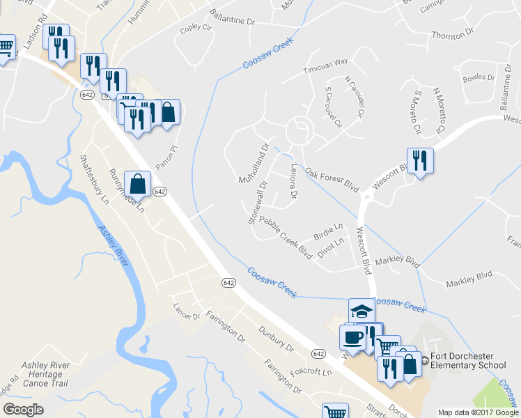map of restaurants, bars, coffee shops, grocery stores, and more near 5212 Lenora Drive in Summerville