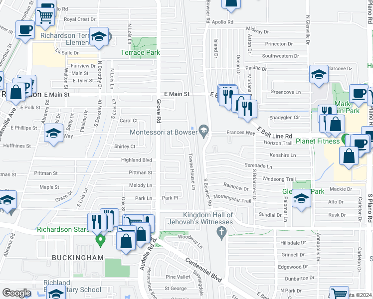 map of restaurants, bars, coffee shops, grocery stores, and more near 316 Towne House Lane in Richardson