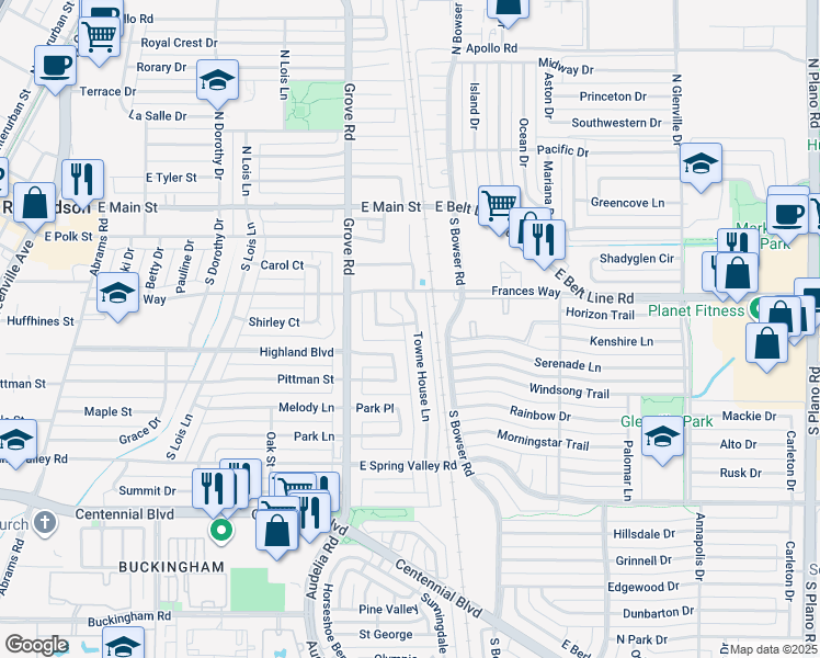 map of restaurants, bars, coffee shops, grocery stores, and more near 316 Towne House Lane in Richardson