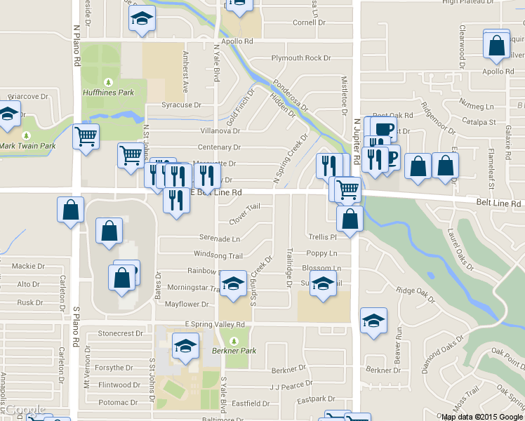 map of restaurants, bars, coffee shops, grocery stores, and more near 1908 Clover Trail in Richardson