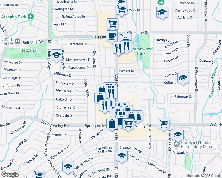 map of restaurants, bars, coffee shops, grocery stores, and more near 14362 Haymeadow Circle in Dallas