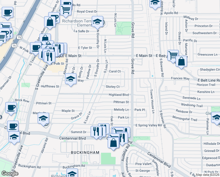 map of restaurants, bars, coffee shops, grocery stores, and more near 522 Shirley Court in Richardson