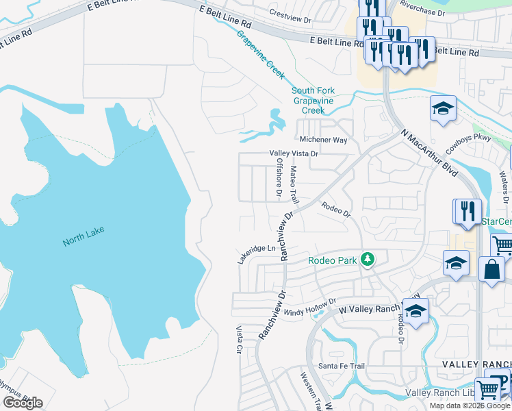 map of restaurants, bars, coffee shops, grocery stores, and more near 10114 Sandbar Drive in Irving