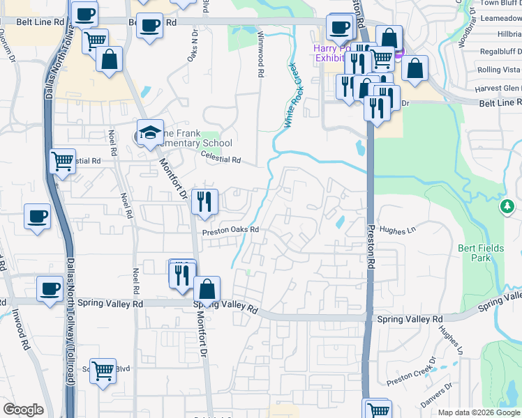 map of restaurants, bars, coffee shops, grocery stores, and more near 5619 Preston Oaks Road in Dallas