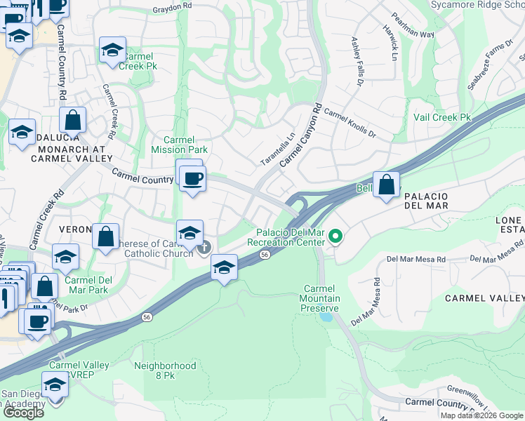 map of restaurants, bars, coffee shops, grocery stores, and more near 12554 Cavallo Street in San Diego