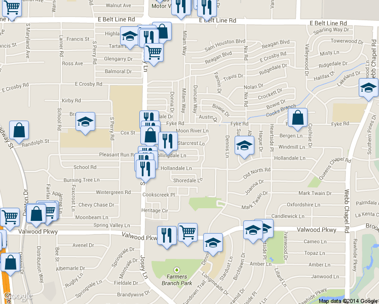 map of restaurants, bars, coffee shops, grocery stores, and more near 2775 Rollingdale Ln in Farmers Branch