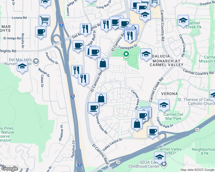 map of restaurants, bars, coffee shops, grocery stores, and more near 3537 Caminito El Rincon in San Diego