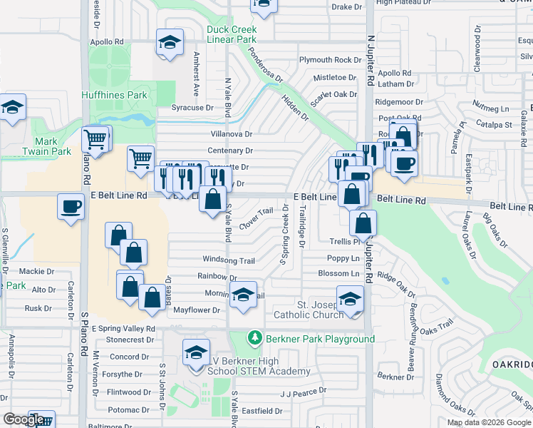 map of restaurants, bars, coffee shops, grocery stores, and more near 1908 Clover Trail in Richardson