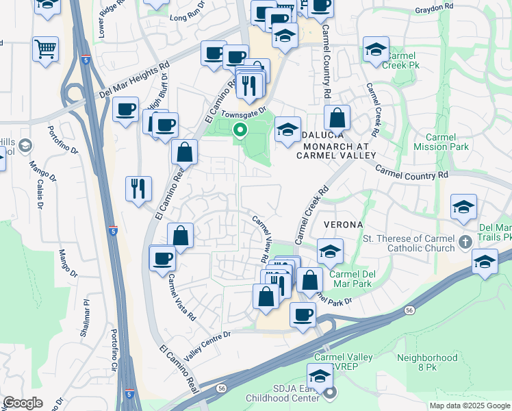 map of restaurants, bars, coffee shops, grocery stores, and more near 4005 Carmel View Road in San Diego