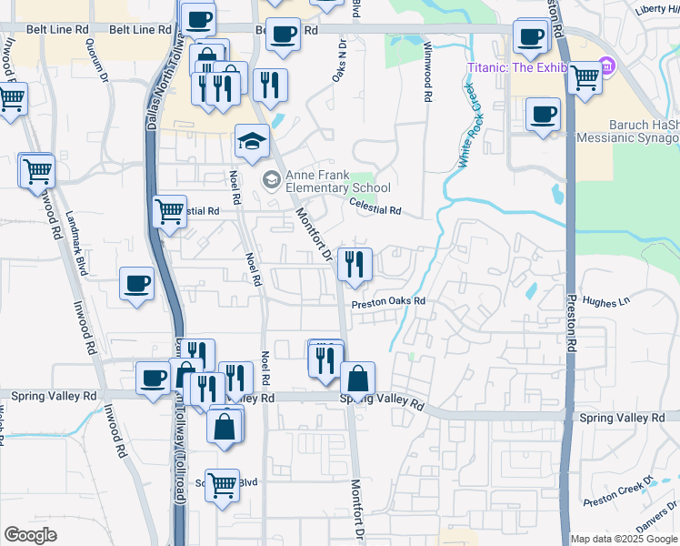 map of restaurants, bars, coffee shops, grocery stores, and more near 14352 Montfort Drive in Dallas