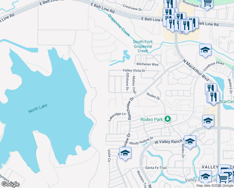 map of restaurants, bars, coffee shops, grocery stores, and more near 10114 Sandbar Drive in Irving