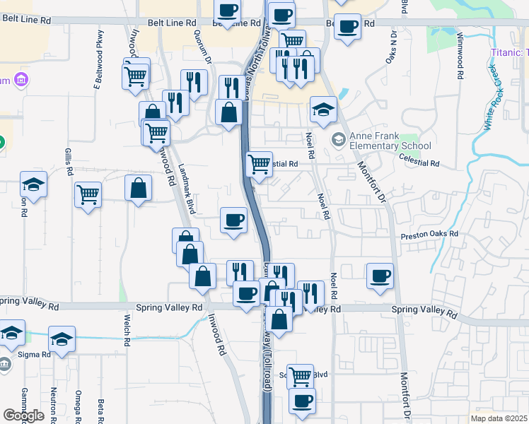 map of restaurants, bars, coffee shops, grocery stores, and more near 14300 Dallas Parkway in Dallas