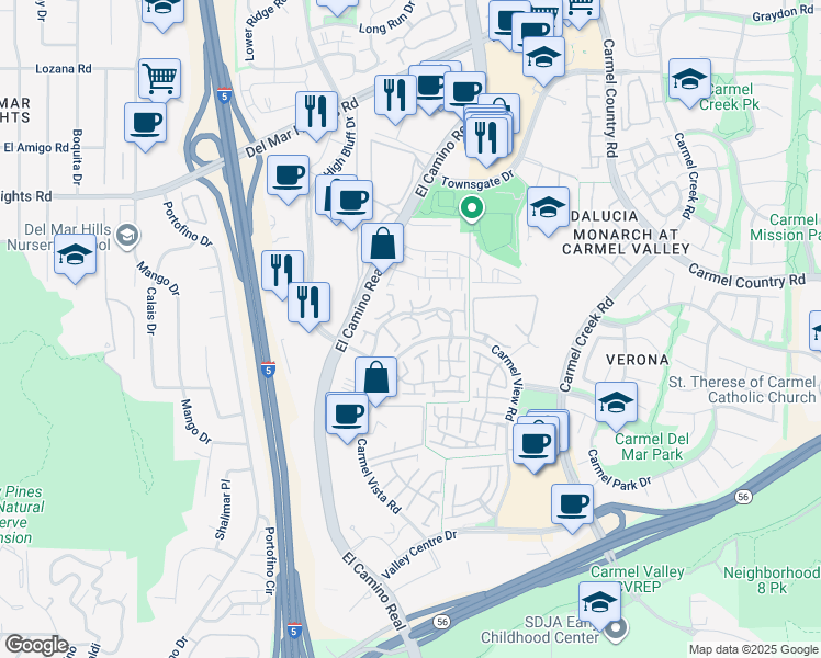 map of restaurants, bars, coffee shops, grocery stores, and more near 3545 Caminito El Rincon in San Diego