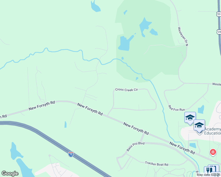 map of restaurants, bars, coffee shops, grocery stores, and more near 110 Cross Creek Circle in Macon