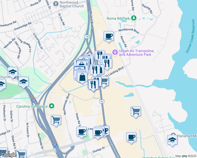 map of restaurants, bars, coffee shops, grocery stores, and more near Rivers Ave & Eagle Landing Blvd in North Charleston