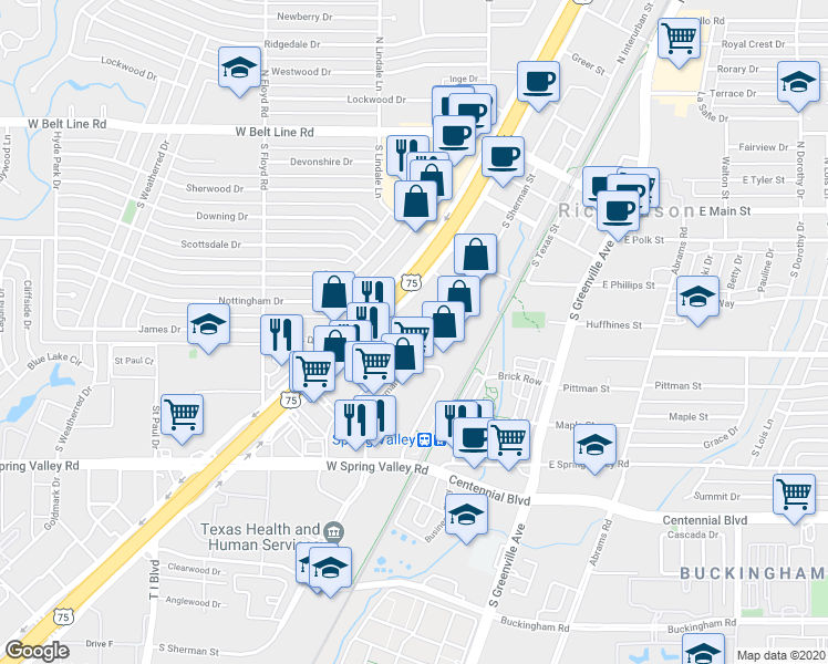 map of restaurants, bars, coffee shops, grocery stores, and more near 610 Sherman Street in Richardson