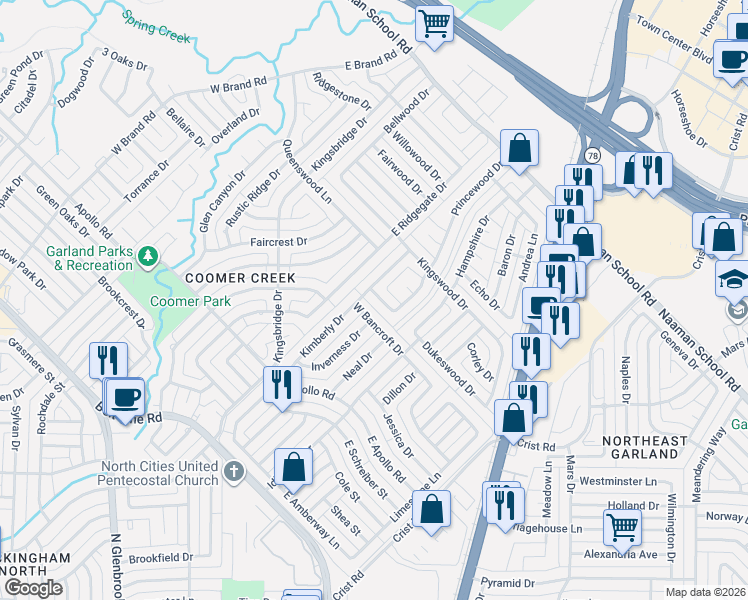 map of restaurants, bars, coffee shops, grocery stores, and more near 2606 Princewood Drive in Garland