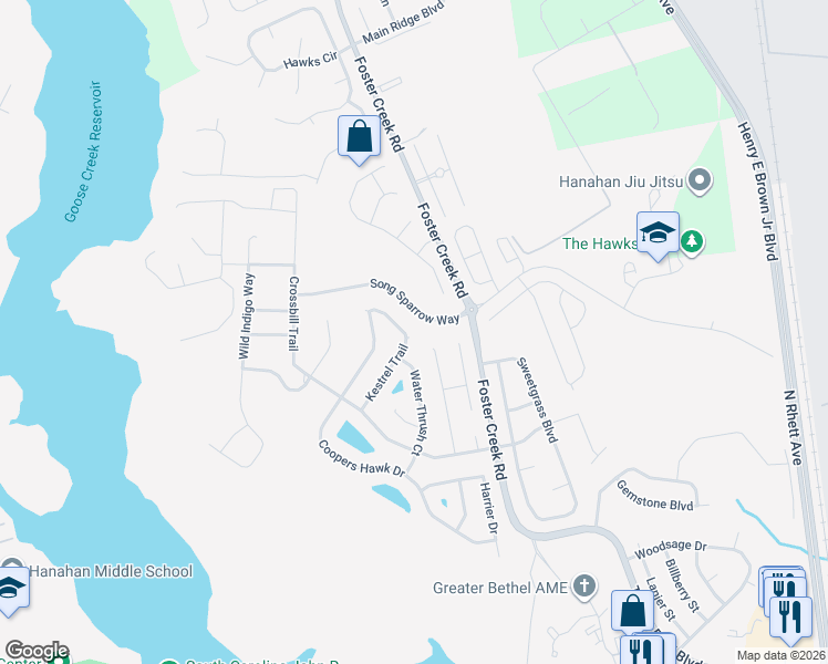 map of restaurants, bars, coffee shops, grocery stores, and more near 7326 Kestrel Trail in Hanahan