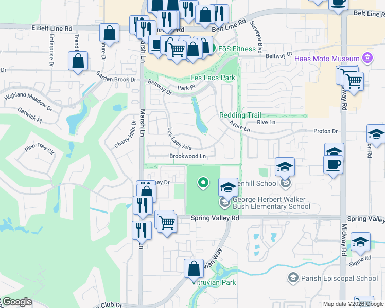 map of restaurants, bars, coffee shops, grocery stores, and more near 14609 Hemingway Court in Addison