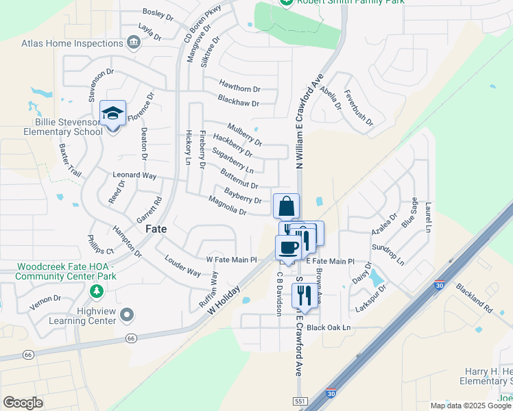 map of restaurants, bars, coffee shops, grocery stores, and more near 320 Bayberry Drive in Rockwall