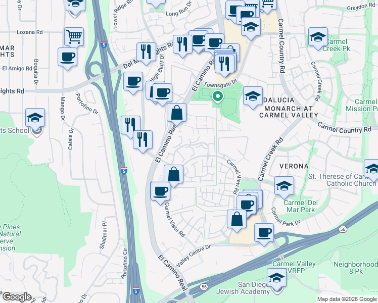 map of restaurants, bars, coffee shops, grocery stores, and more near 3545 Caminito El Rincon in San Diego