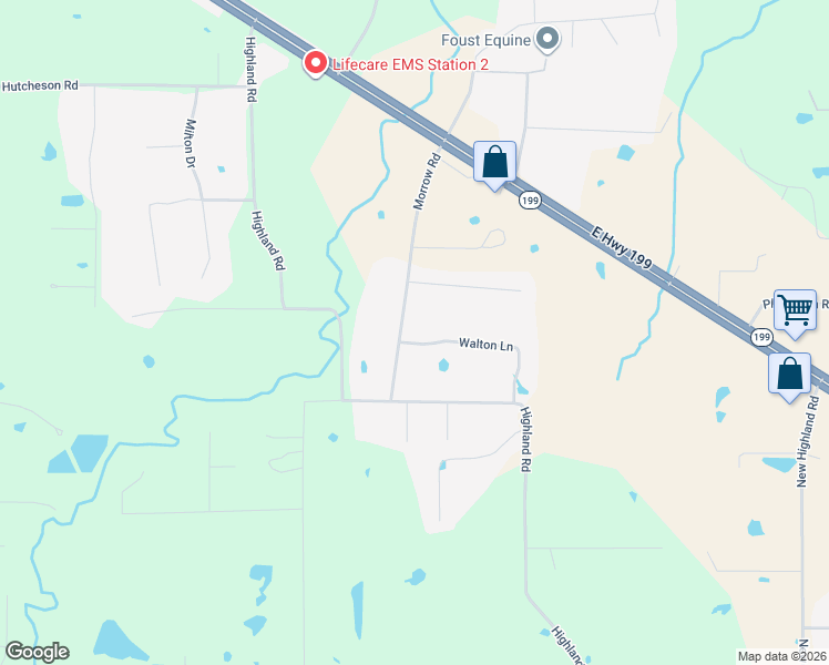 map of restaurants, bars, coffee shops, grocery stores, and more near 105 Walton Lane in Springtown