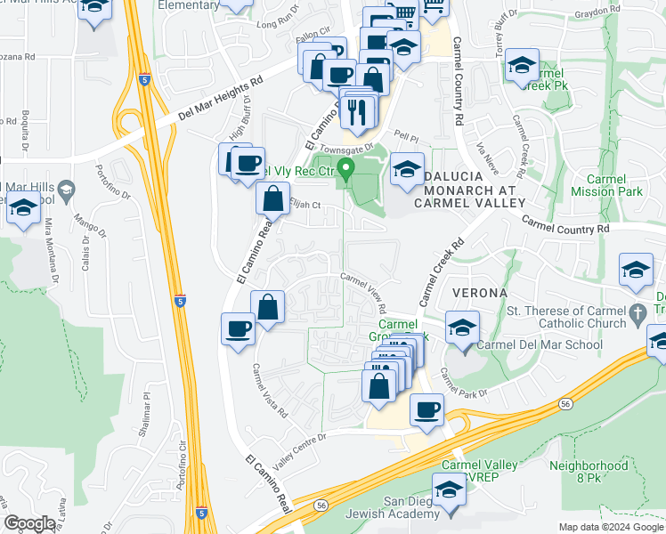 map of restaurants, bars, coffee shops, grocery stores, and more near 3595 Caminito El Rincon in San Diego