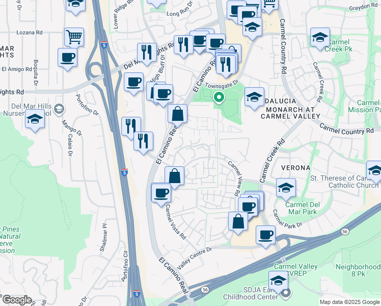 map of restaurants, bars, coffee shops, grocery stores, and more near 3545 Caminito El Rincon in San Diego
