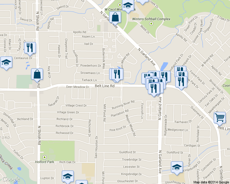 map of restaurants, bars, coffee shops, grocery stores, and more near 1810 Belt Line Road in Garland