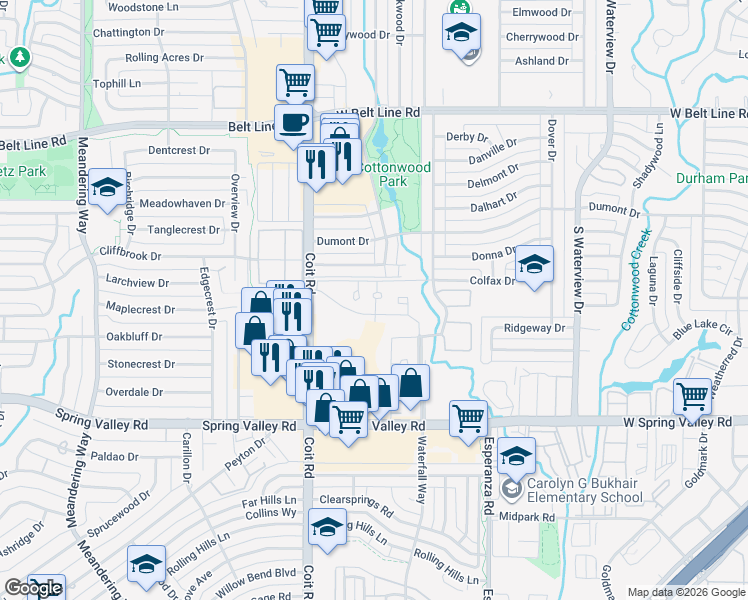 map of restaurants, bars, coffee shops, grocery stores, and more near 709 Regal Court in Richardson
