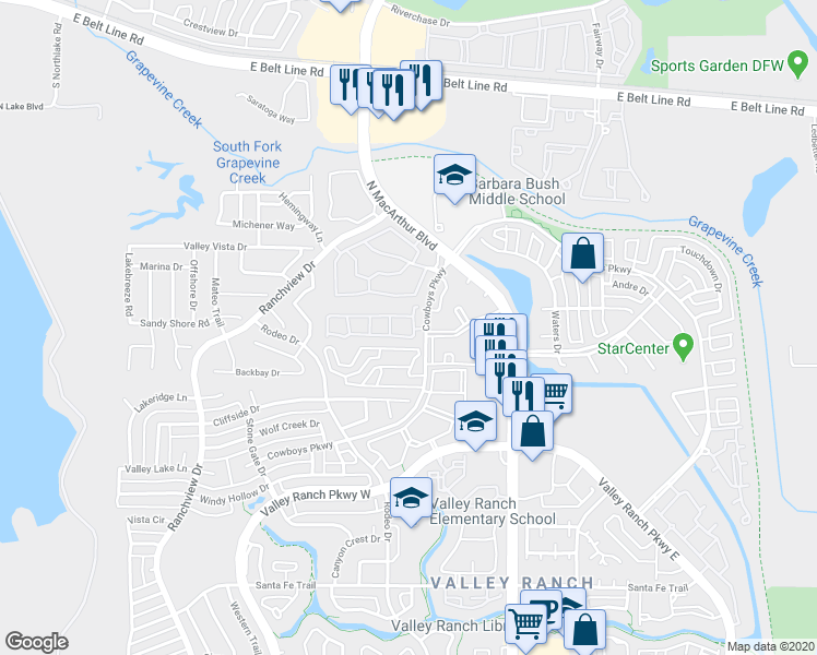 map of restaurants, bars, coffee shops, grocery stores, and more near 667 Cowboys Parkway in Irving