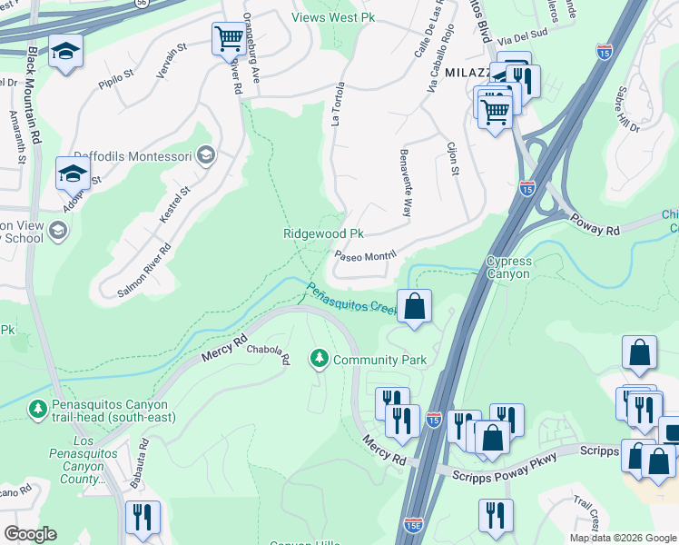 map of restaurants, bars, coffee shops, grocery stores, and more near 12406 Via Cabezon in San Diego