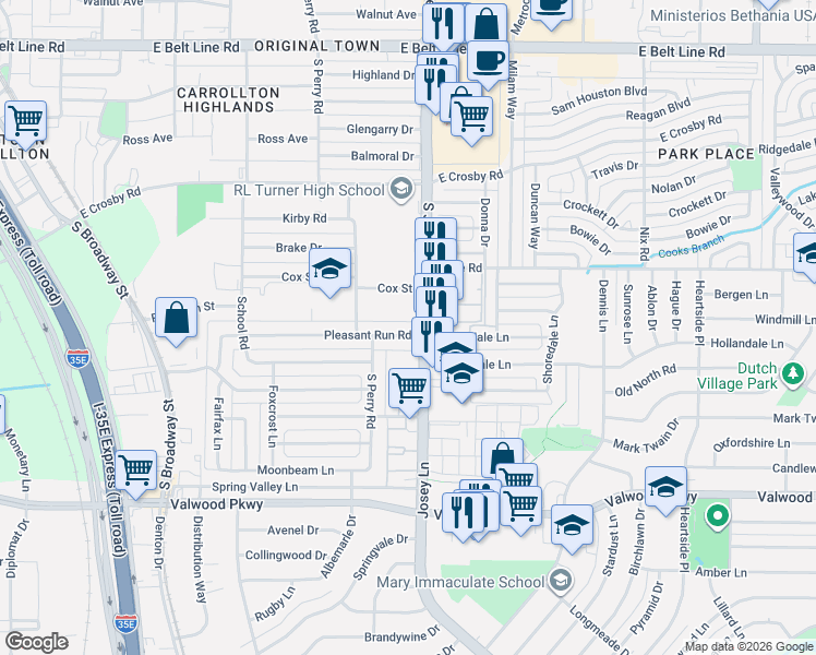 map of restaurants, bars, coffee shops, grocery stores, and more near 1835 Pleasant Run Road in Carrollton