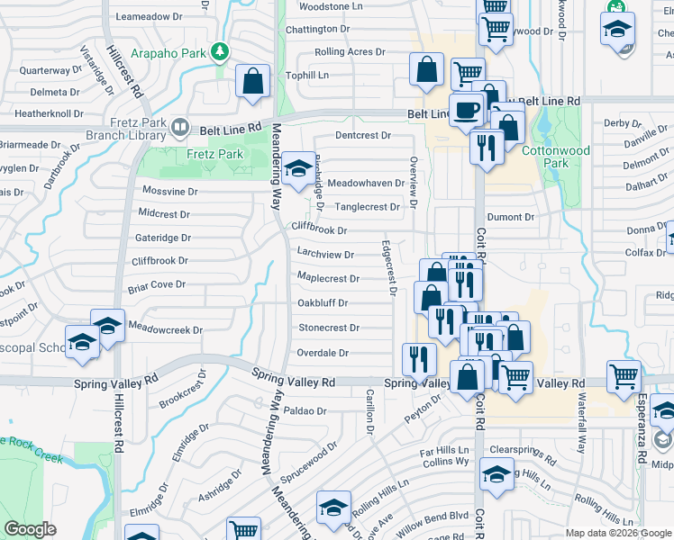 map of restaurants, bars, coffee shops, grocery stores, and more near 7427 Maplecrest Drive in Dallas