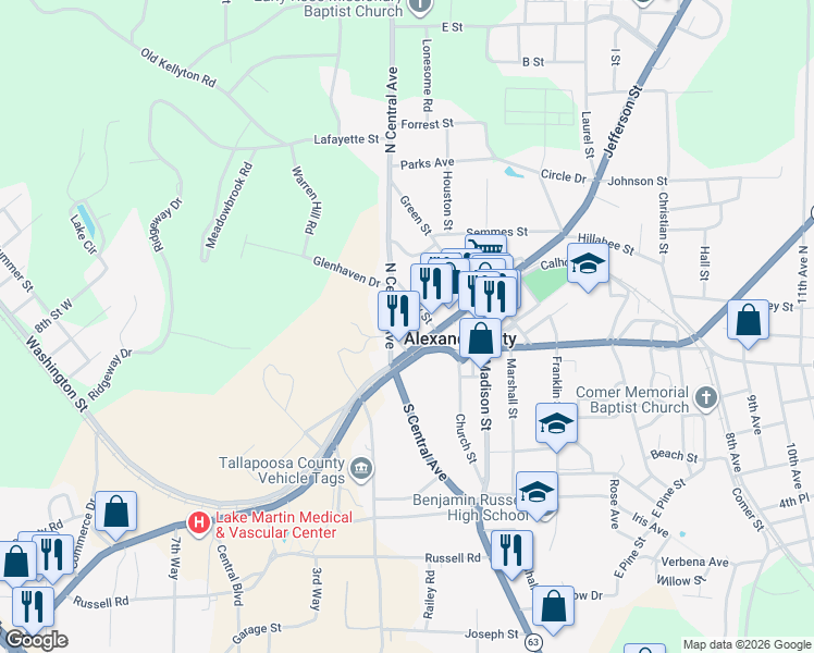 map of restaurants, bars, coffee shops, grocery stores, and more near 24 Wheeler Street in Alexander City