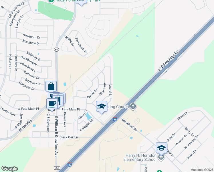 map of restaurants, bars, coffee shops, grocery stores, and more near 538 Blue Sage Drive in Rockwall