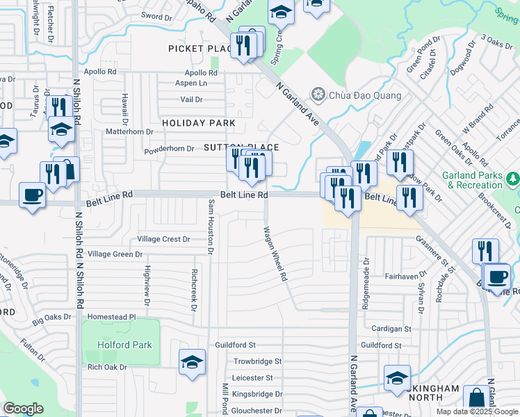 map of restaurants, bars, coffee shops, grocery stores, and more near 1810 Belt Line Road in Garland