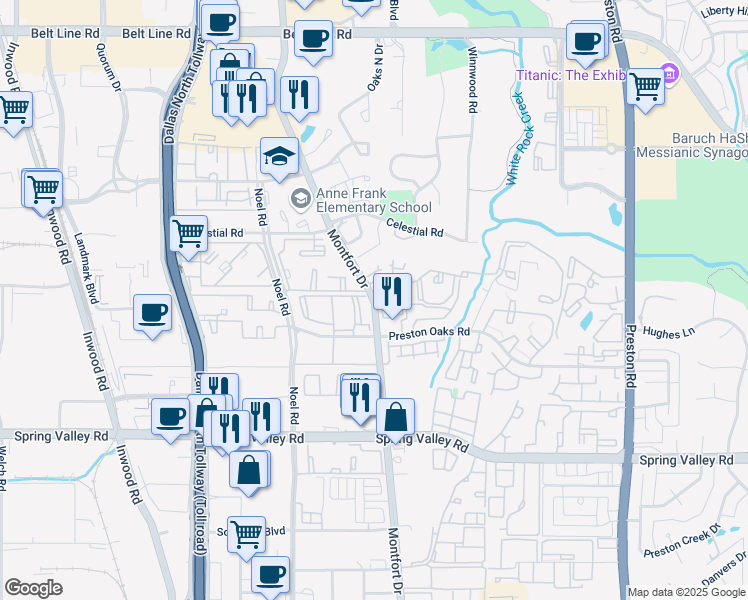 map of restaurants, bars, coffee shops, grocery stores, and more near 14372 Montfort Drive in Dallas