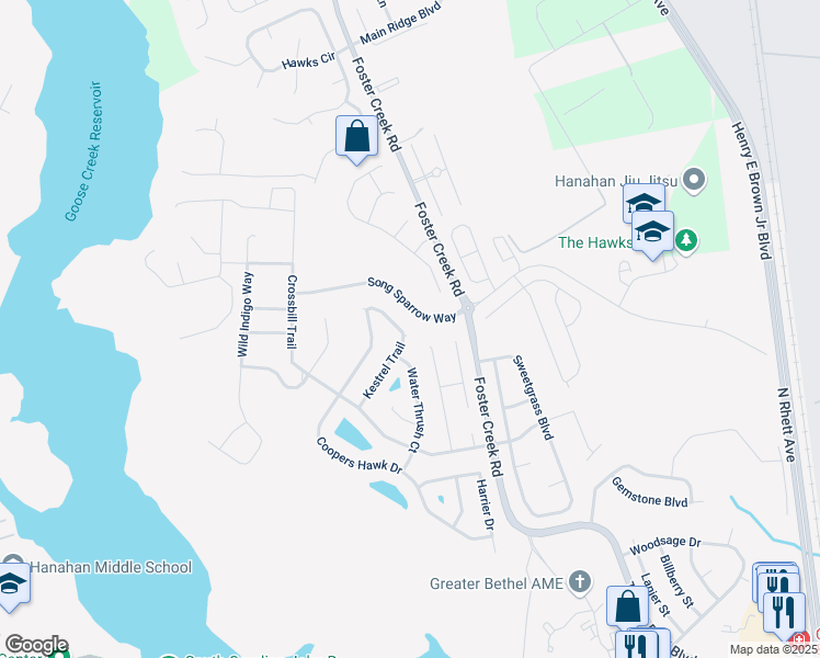map of restaurants, bars, coffee shops, grocery stores, and more near 7326 Kestrel Trail in Hanahan