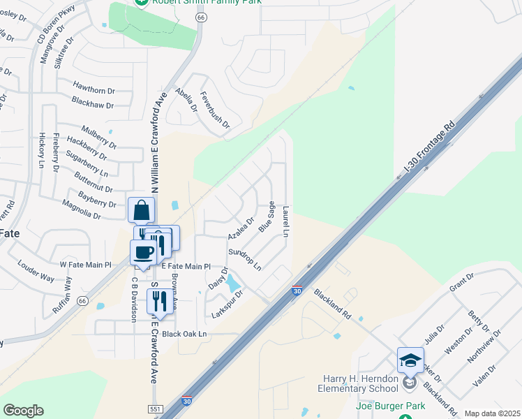 map of restaurants, bars, coffee shops, grocery stores, and more near 528 Azalea Drive in Royse City