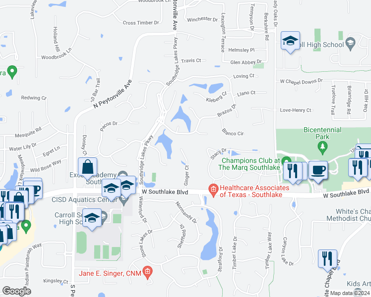 map of restaurants, bars, coffee shops, grocery stores, and more near 850 Ginger Court in Southlake