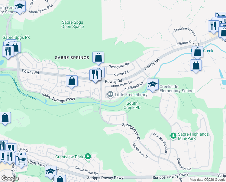 map of restaurants, bars, coffee shops, grocery stores, and more near 11434 Southbrook Court in San Diego