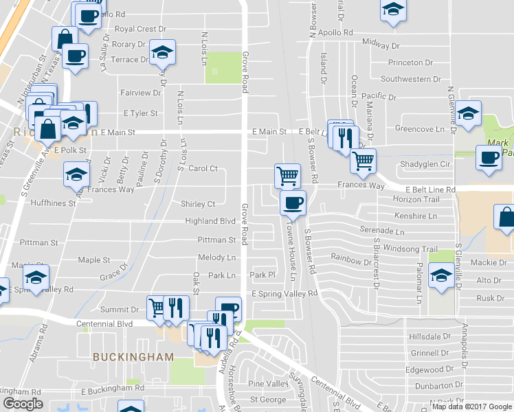 map of restaurants, bars, coffee shops, grocery stores, and more near 316 Candlewood Place in Richardson