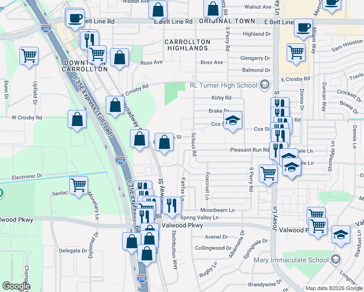 map of restaurants, bars, coffee shops, grocery stores, and more near 1613 Pleasant Run Road in Carrollton