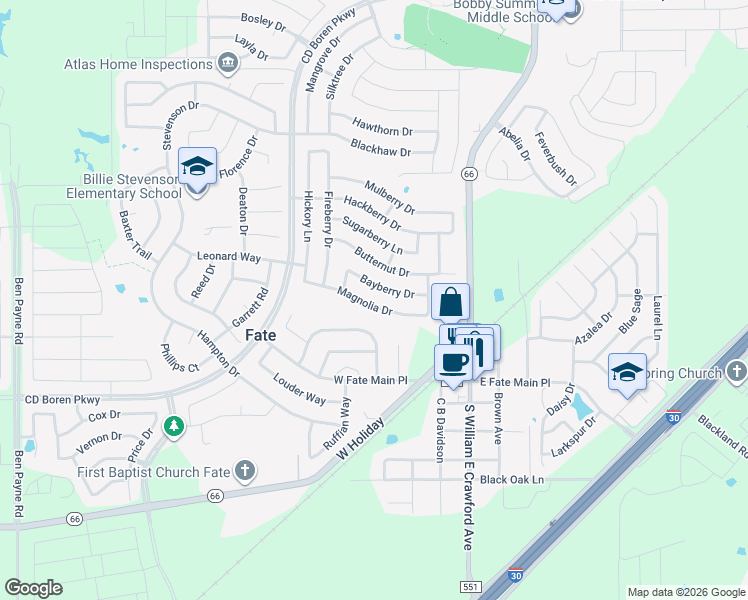 map of restaurants, bars, coffee shops, grocery stores, and more near 357 Magnolia Drive in Rockwall
