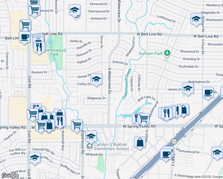map of restaurants, bars, coffee shops, grocery stores, and more near 704 South Waterview Drive in Richardson