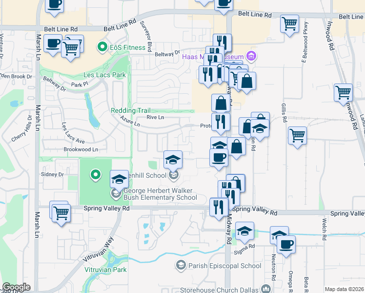 map of restaurants, bars, coffee shops, grocery stores, and more near 4108 Oberlin Way in Addison